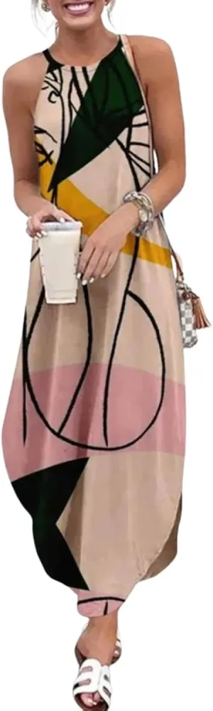 2025 Women's Spring Summer Boho Sleeveless Dress Print Casual Loose Irregural Hem Flowy Maxi Dress