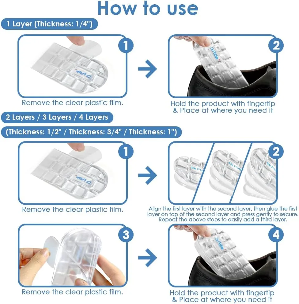 4 Layers Adjustable Height Increase Insoles, 1 Inch Heel Lift for Leg Length Discrepancies, Heel Cushions for Heel Spurs and Heel Pain, Heel Inserts for Women and Man (Transparent, Large)