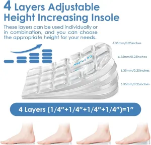 4 Layers Adjustable Height Increase Insoles, 1 Inch Heel Lift for Leg Length Discrepancies, Heel Cushions for Heel Spurs and Heel Pain, Heel Inserts for Women and Man (Transparent, Large)