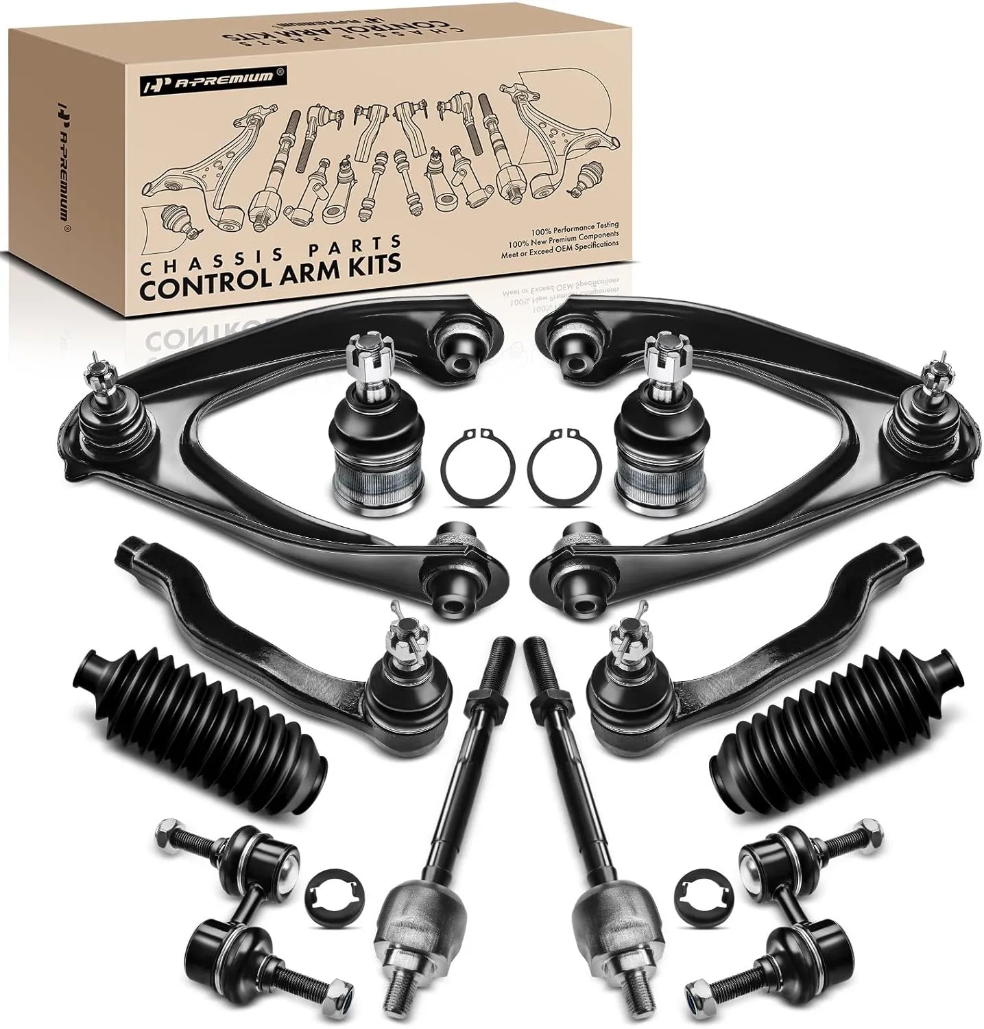 A-Premium Set of 12, Front Upper Control Arm, Sway Bar Link, Lower Ball Joint, Inner Outer Tie Rod End, Rack and Pinion Boots, Compatible with Honda CR-V CRV 1997 1998 1999 2000 2001, L4 2.0L