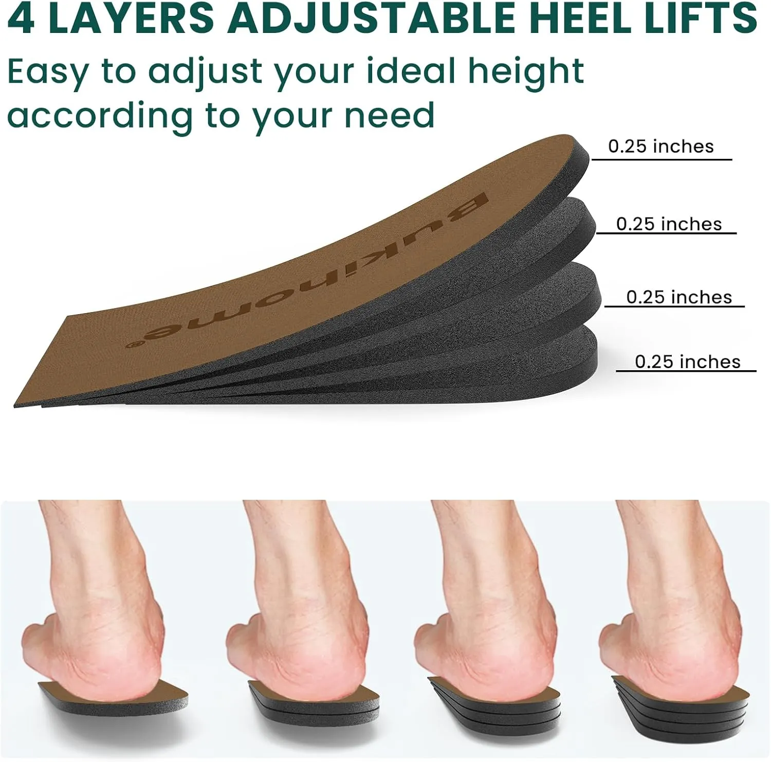 Adjustable Heel Lift Inserts for Shoes - Bukihome Orthopedic Shoe Lift for Uneven Legs 4 Layers Height Increase Insole for Heel Pain,Heel Spur,Achilles Tendonitis(Brown,Large,2Pairs)
