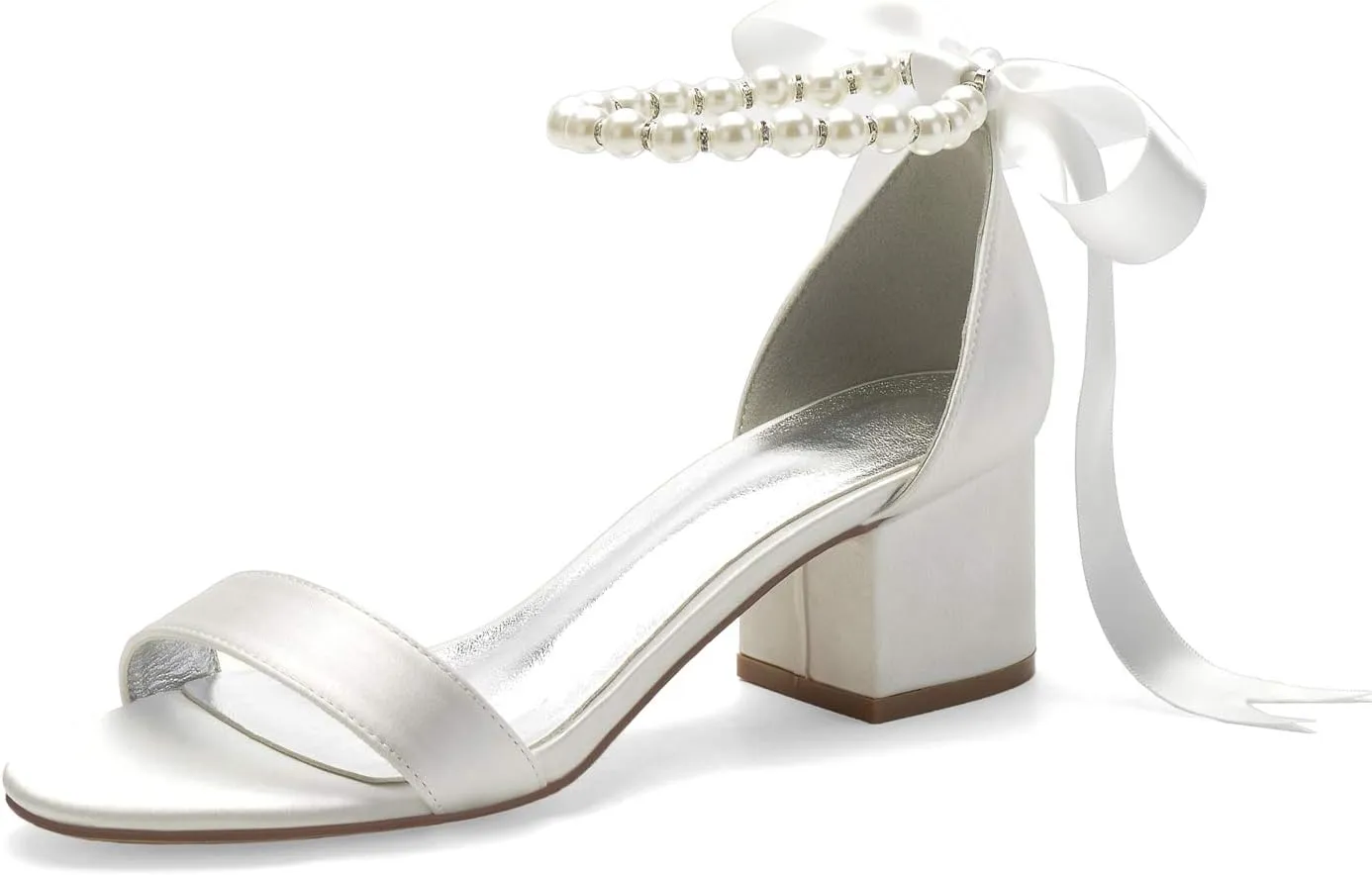 ADMLZQQ High Block Heel Wedding Sandals for Bride Ankle Strap Pearl Satin Women Heeled Sandal Open Toe Bridal Shoes