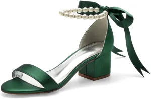 ADMLZQQ High Block Heel Wedding Sandals for Bride Ankle Strap Pearl Satin Women Heeled Sandal Open Toe Bridal Shoes
