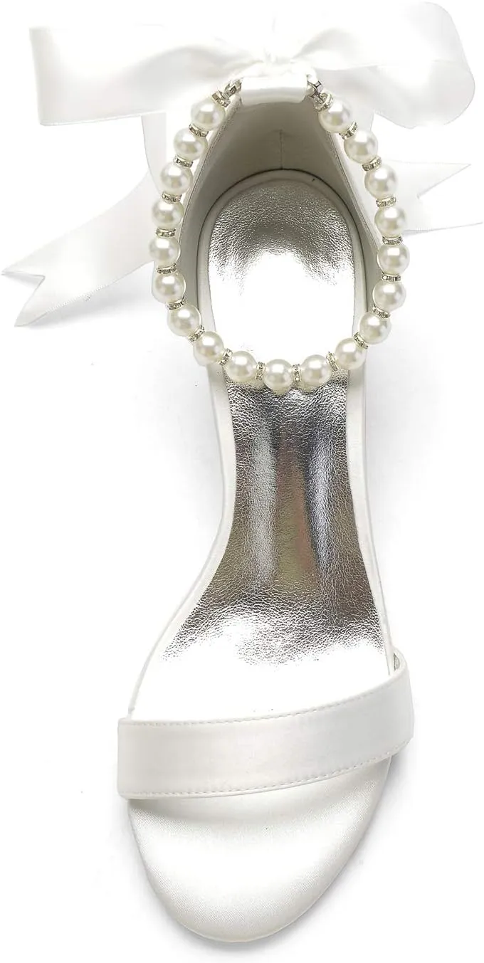 ADMLZQQ High Block Heel Wedding Sandals for Bride Ankle Strap Pearl Satin Women Heeled Sandal Open Toe Bridal Shoes