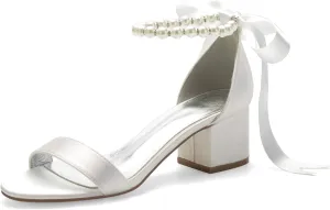 ADMLZQQ High Block Heel Wedding Sandals for Bride Ankle Strap Pearl Satin Women Heeled Sandal Open Toe Bridal Shoes