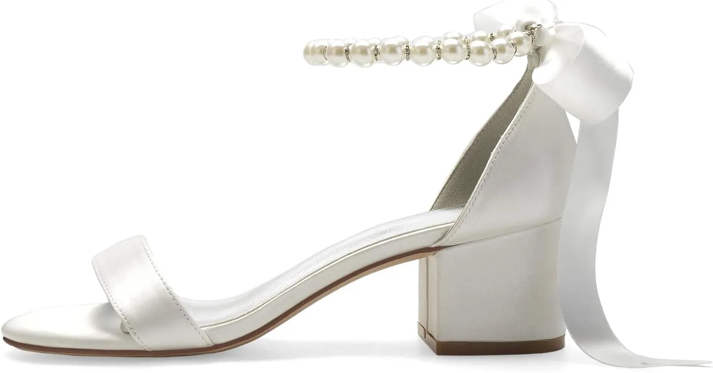 ADMLZQQ High Block Heel Wedding Sandals for Bride Ankle Strap Pearl Satin Women Heeled Sandal Open Toe Bridal Shoes