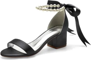 ADMLZQQ High Block Heel Wedding Sandals for Bride Ankle Strap Pearl Satin Women Heeled Sandal Open Toe Bridal Shoes