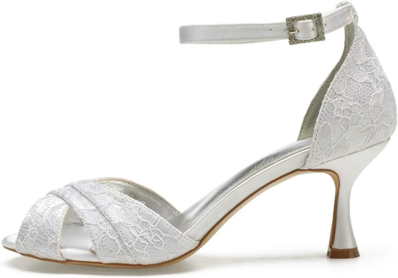 ADMLZQQ Womens Sandals Peep Toe Wedding Heels Lace Ankle Strap Summer Wedding Bridal Dress Shoes