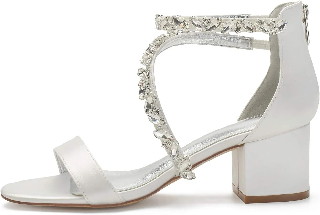 ADMLZQQ Womens Satin Mid Heels Sandals Open Pointed Toe Ankle Strap Bride Wedding Dress Shoes