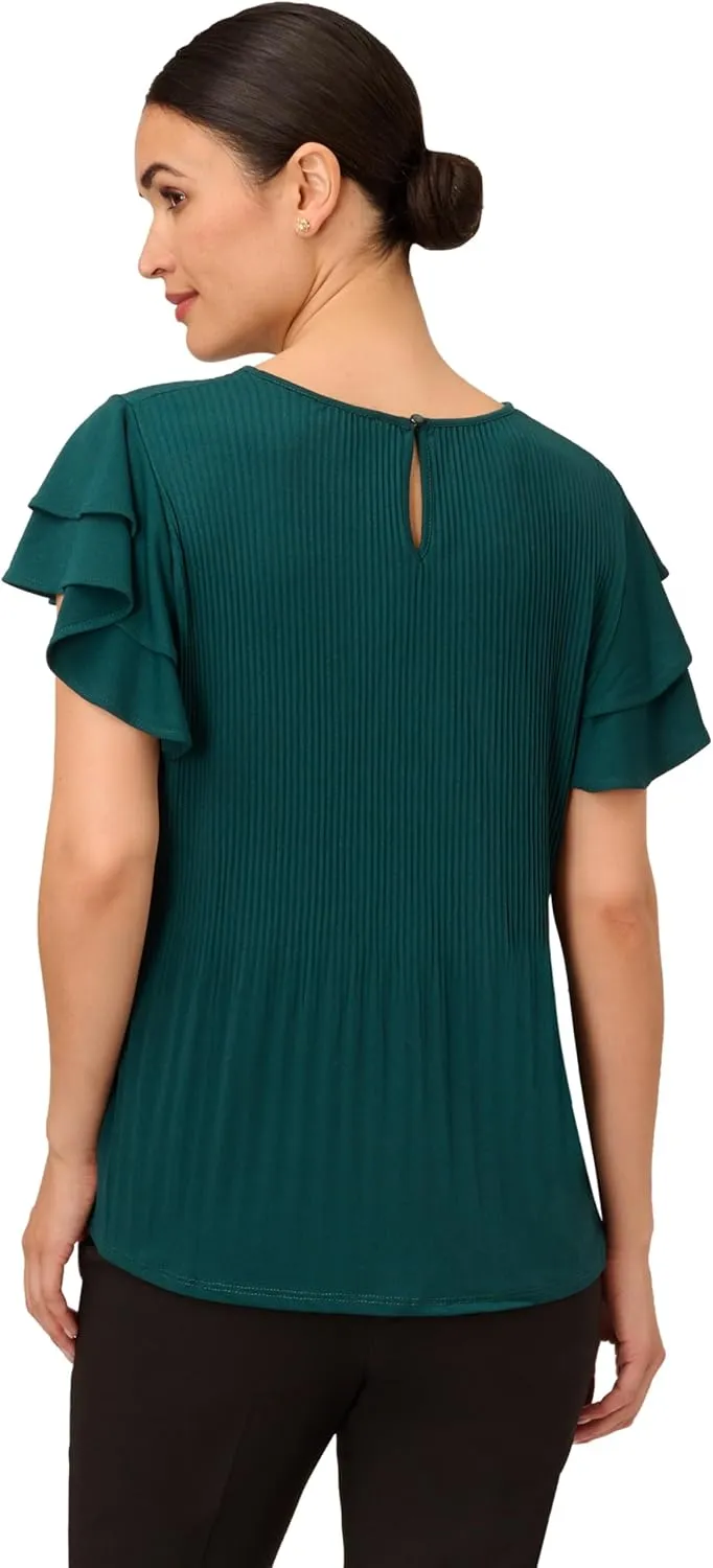 Adrianna Papell Women's Solid Pleat Double Sleeve Top