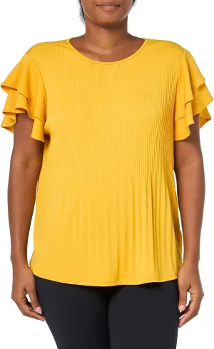 Adrianna Papell Women's Solid Pleat Double Sleeve Top