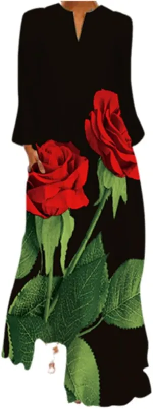 African Print Maxi Dresses for Women Fall Long Sleeve Vintage Plus Size Bohemian V Neck Maxi Long Dress