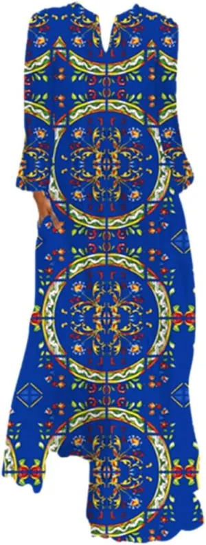 African Print Maxi Dresses for Women Fall Long Sleeve Vintage Plus Size Bohemian V Neck Maxi Long Dress