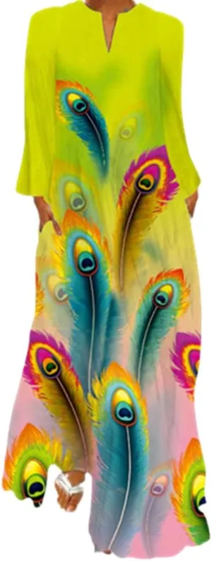 African Print Maxi Dresses for Women Fall Long Sleeve Vintage Plus Size Bohemian V Neck Maxi Long Dress