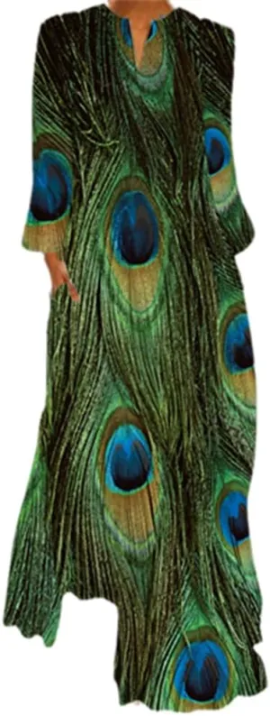 African Print Maxi Dresses for Women Fall Long Sleeve Vintage Plus Size Bohemian V Neck Maxi Long Dress