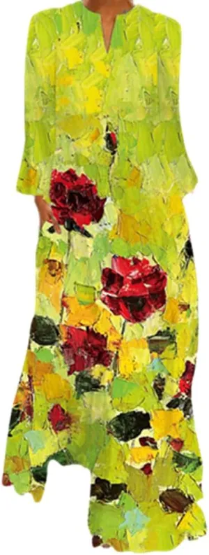 African Print Maxi Dresses for Women Fall Long Sleeve Vintage Plus Size Bohemian V Neck Maxi Long Dress