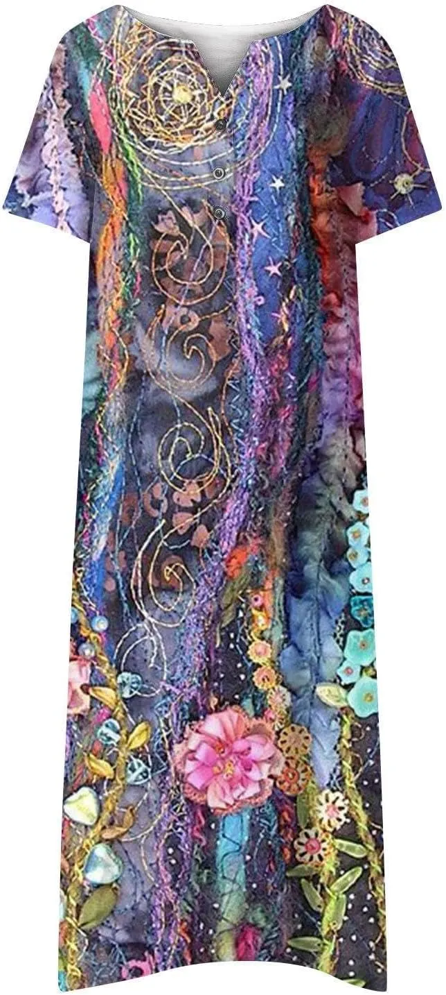 Akivide Women's Boho Button Down Floral Dress with Pockets Summer Short Sleeve V Neck Midi Casual Dresses for Women