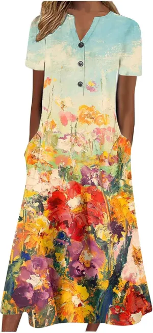 Akivide Women's Boho Button Down Floral Dress with Pockets Summer Short Sleeve V Neck Midi Casual Dresses for Women
