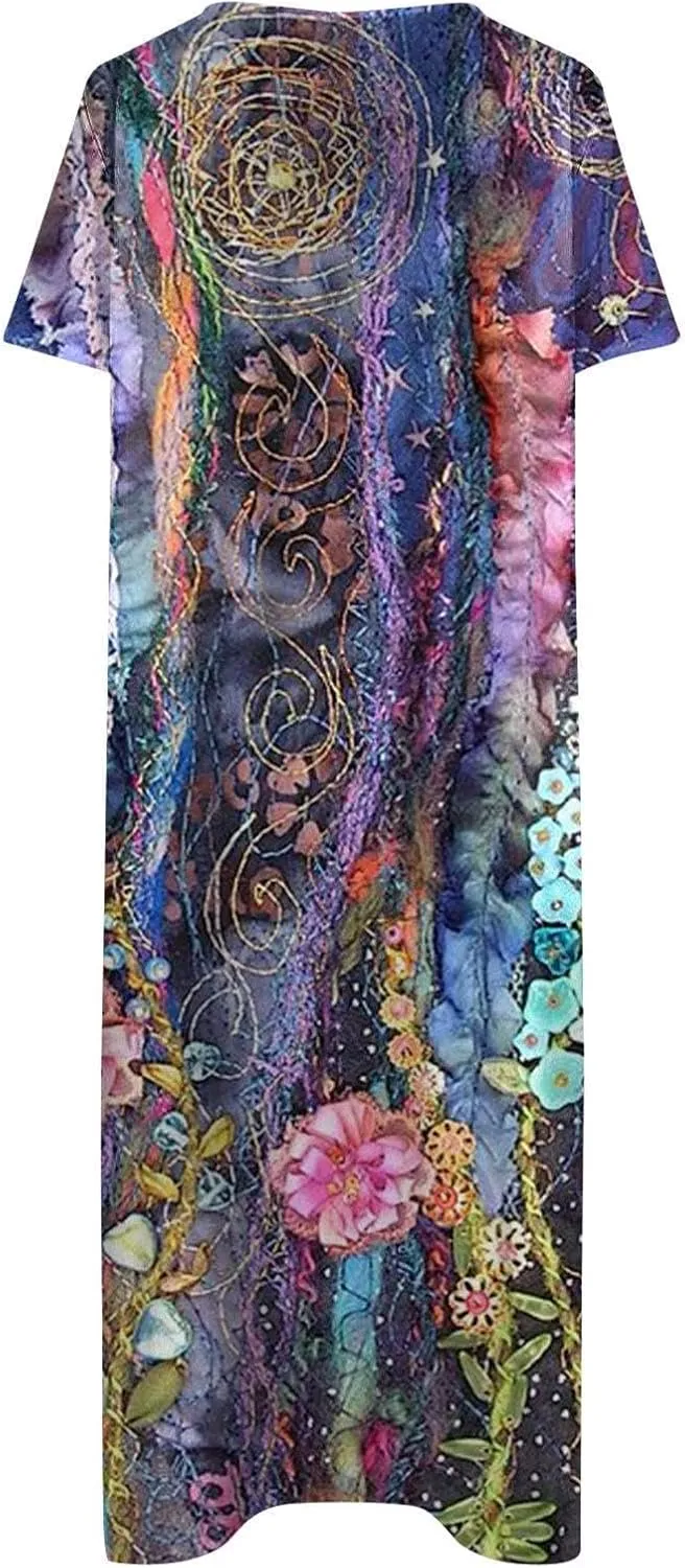 Akivide Women's Boho Button Down Floral Dress with Pockets Summer Short Sleeve V Neck Midi Casual Dresses for Women