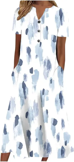 Akivide Women's Boho Button Down Floral Dress with Pockets Summer Short Sleeve V Neck Midi Casual Dresses for Women