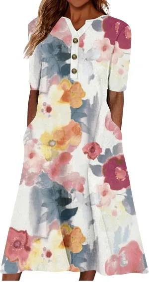 Akivide Women's Boho Button Down Floral Dress with Pockets Summer Short Sleeve V Neck Midi Casual Dresses for Women