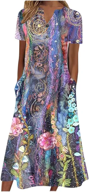 Akivide Women's Boho Button Down Floral Dress with Pockets Summer Short Sleeve V Neck Midi Casual Dresses for Women