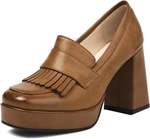Alsoloveu Women's Platform High Heel Loafers Square Toe Chunky Heels Slip On Pump Shoes with Tassel Decor