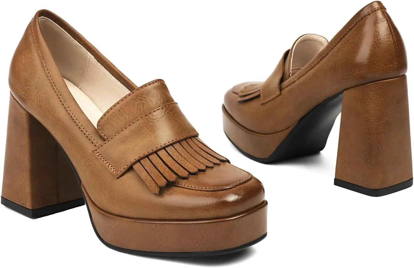 Alsoloveu Women's Platform High Heel Loafers Square Toe Chunky Heels Slip On Pump Shoes with Tassel Decor