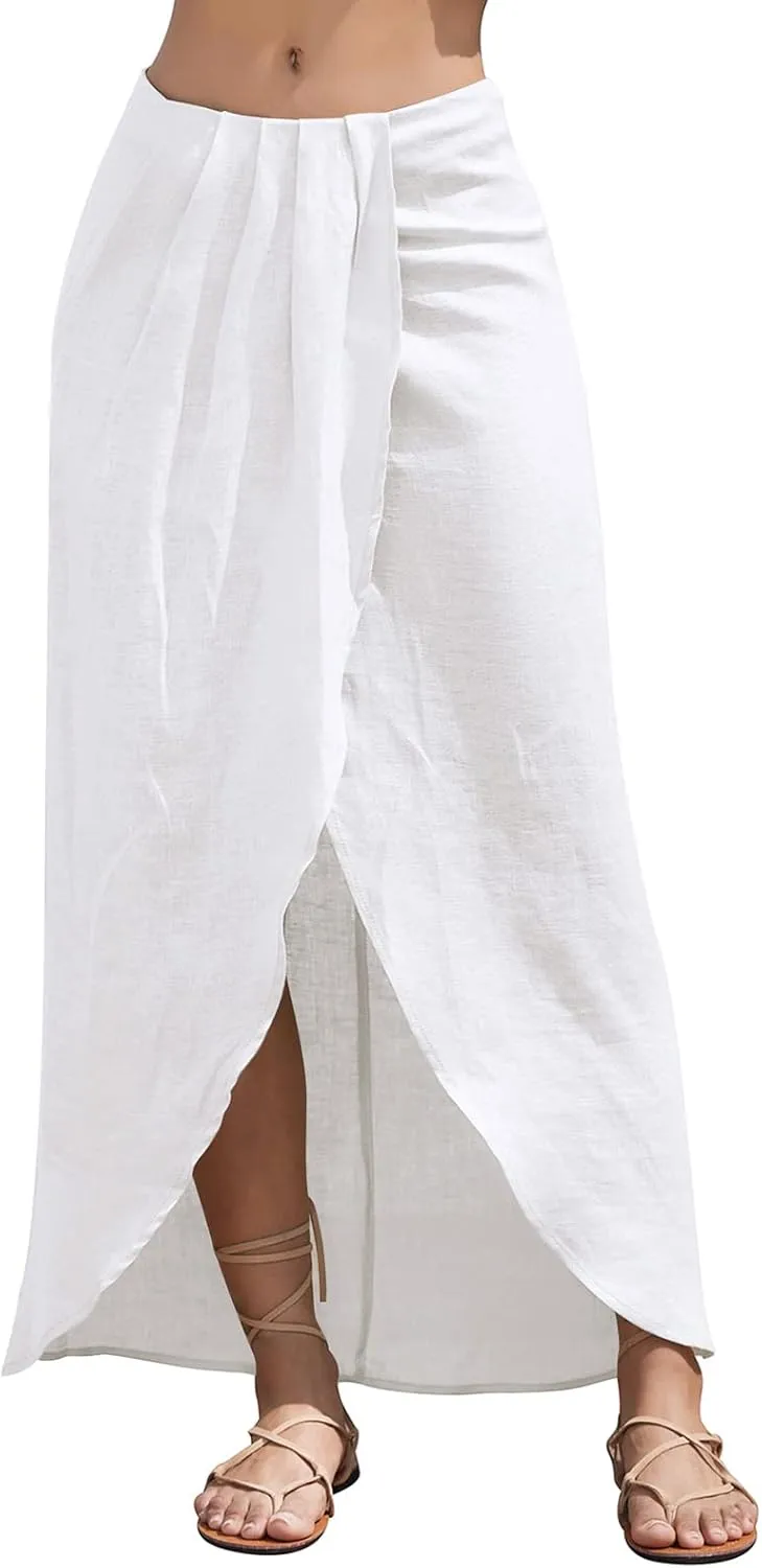 Amazhiyu Womens Pure Linen Slit Asymmetrical High Waist Maxi Draped Summer Skirt White, XX-Large