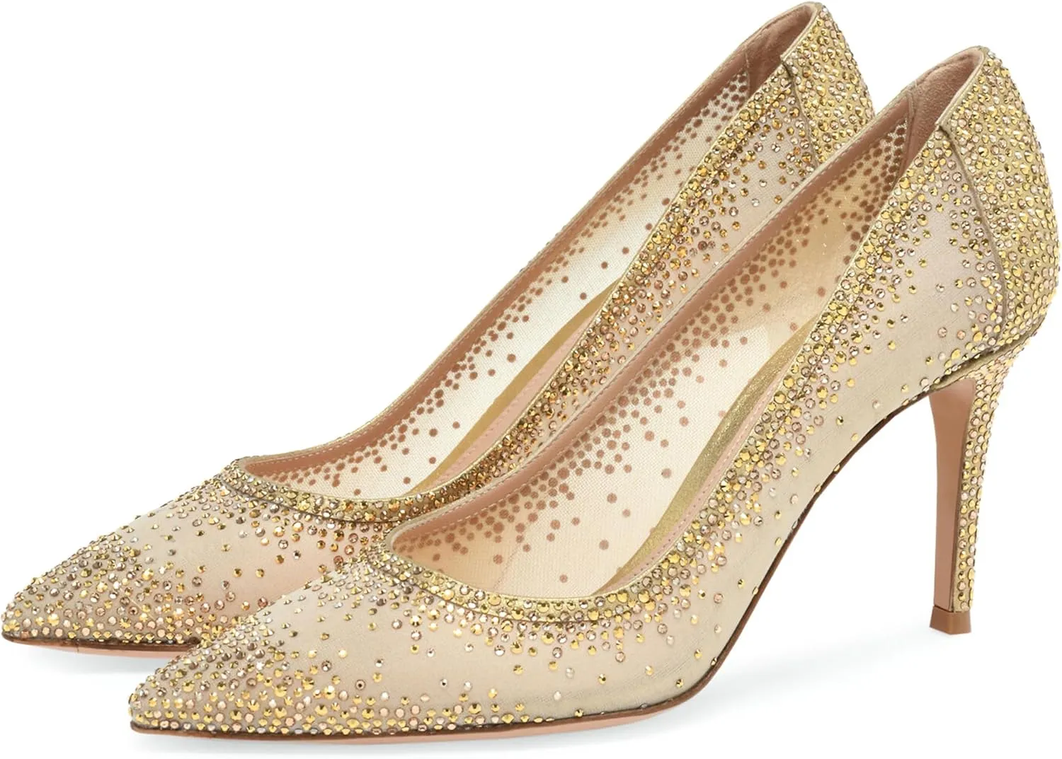 anteikira Women's Pointed Toe Rhinestone Studded Mesh Kitten Heel Slingbacks Slip On Party Wedding Heels High Stiletto Heel Pumps Shoes