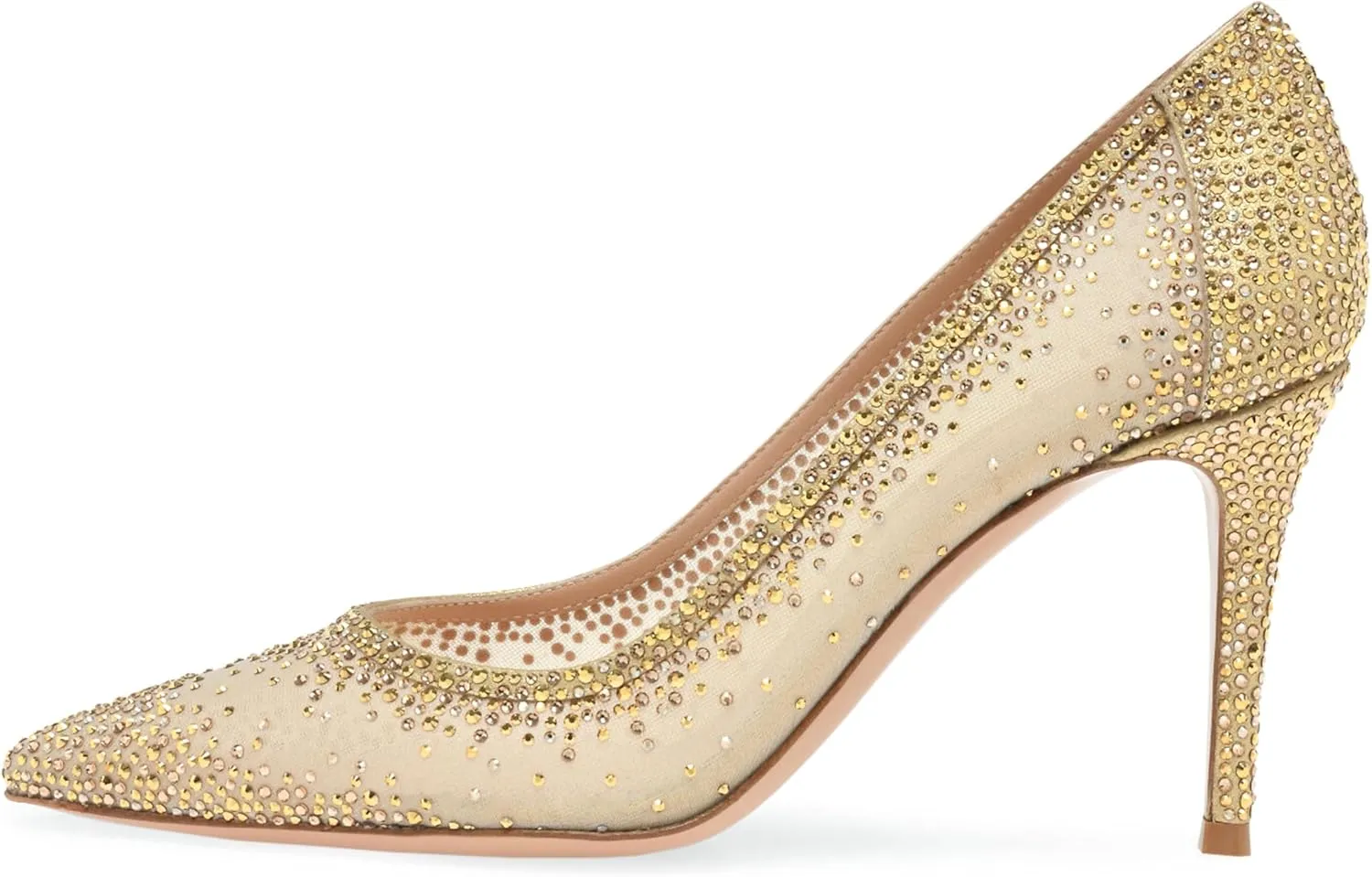 anteikira Women's Pointed Toe Rhinestone Studded Mesh Kitten Heel Slingbacks Slip On Party Wedding Heels High Stiletto Heel Pumps Shoes