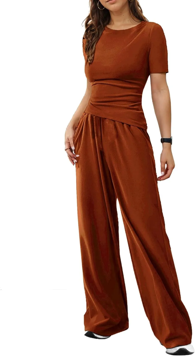 Asymmetrical women's 2 piece lounge sets short sleeve Outfits Comfy Loungewear Wide Leg Pants Casual summer Matching