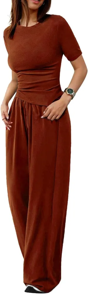 Asymmetrical women's 2 piece lounge sets short sleeve Outfits Comfy Loungewear Wide Leg Pants Casual summer Matching