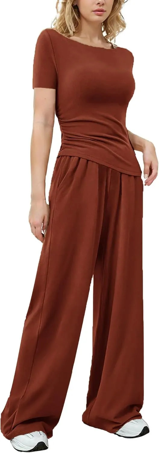 Asymmetrical women's 2 piece lounge sets short sleeve Outfits Comfy Loungewear Wide Leg Pants Casual summer Matching