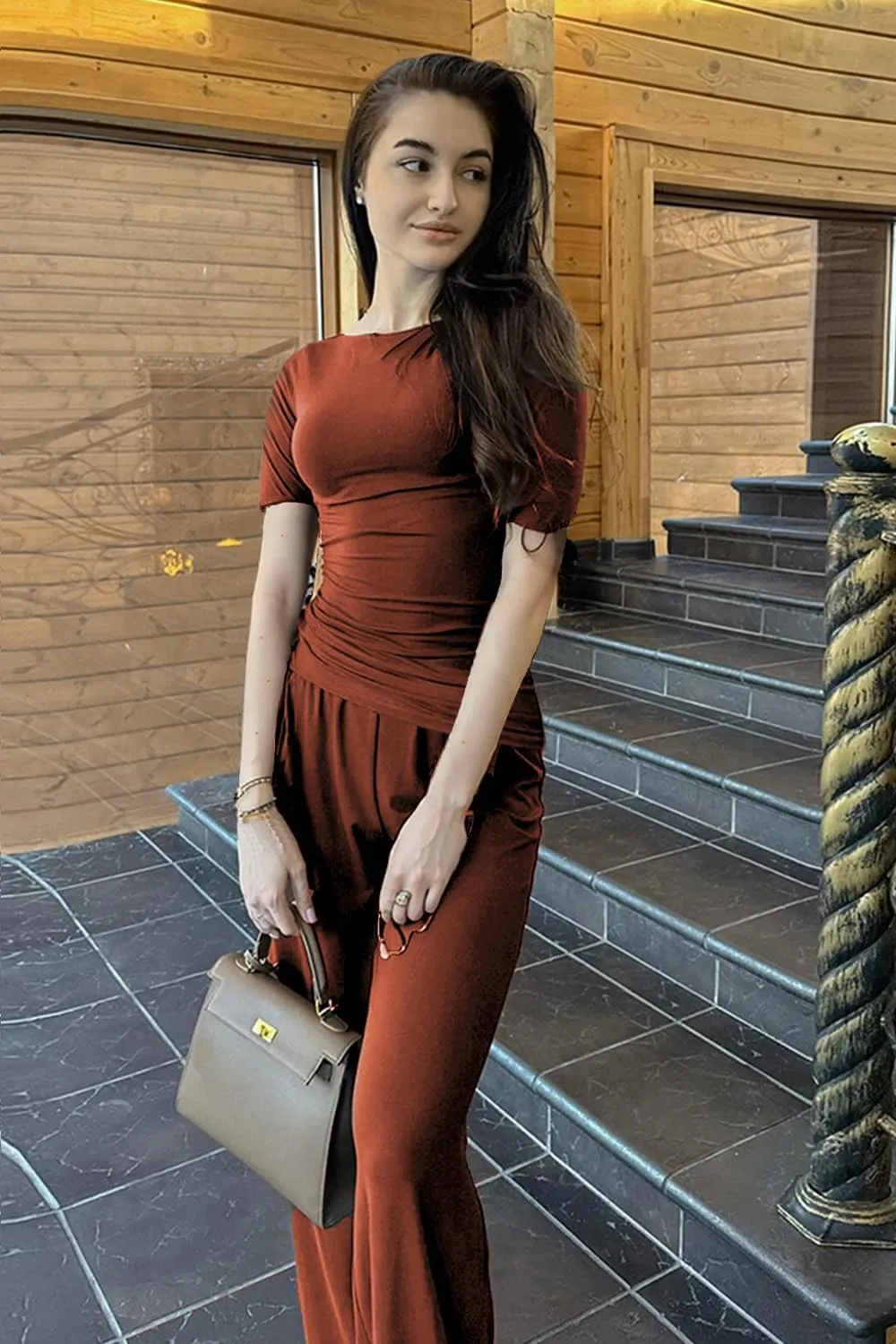 Asymmetrical women's 2 piece lounge sets short sleeve Outfits Comfy Loungewear Wide Leg Pants Casual summer Matching