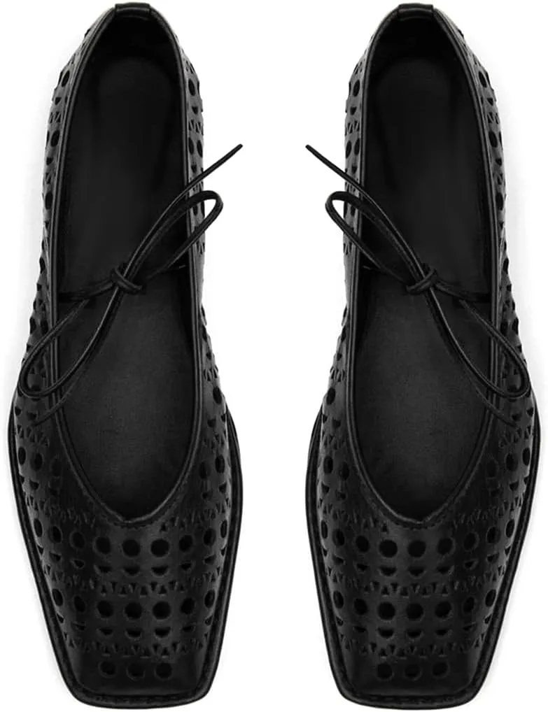 Ballet Flats Shoes for Women Mary Jane Flats Breathable Leather Square Toe Lace-Up Loafers Comfortable Slip-On Summer Shoes