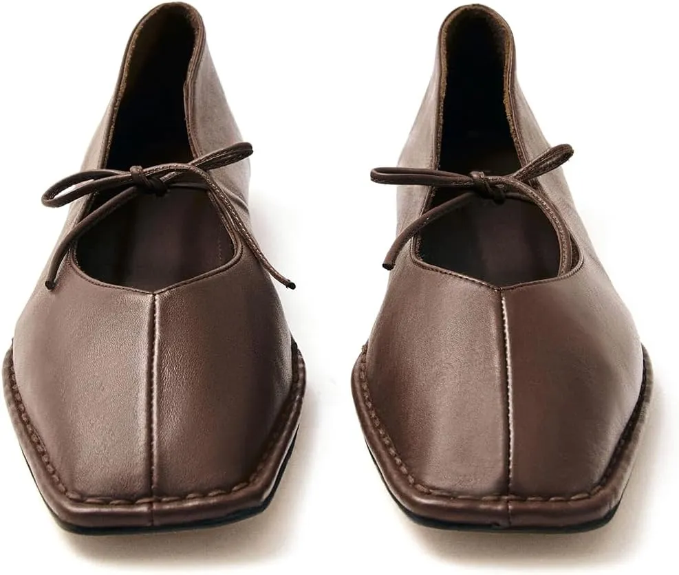 Ballet Flats Shoes for Women Mary Jane Flats Breathable Leather Square Toe Lace-Up Loafers Comfortable Slip-On Summer Shoes