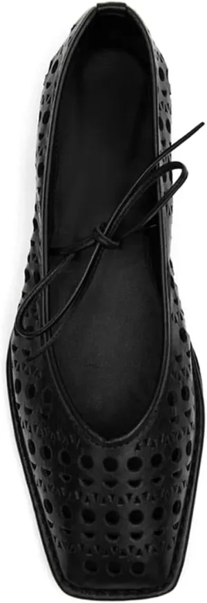 Ballet Flats Shoes for Women Mary Jane Flats Breathable Leather Square Toe Lace-Up Loafers Comfortable Slip-On Summer Shoes