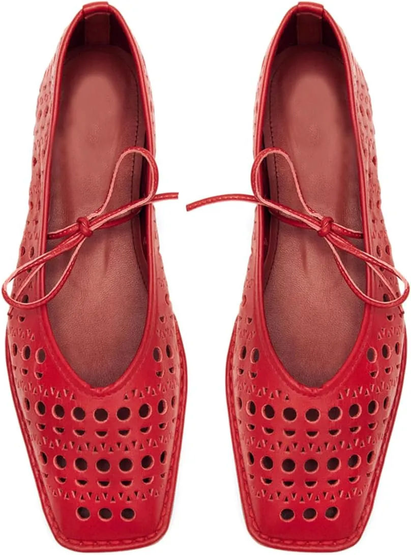Ballet Flats Shoes for Women Mary Jane Flats Breathable Leather Square Toe Lace-Up Loafers Comfortable Slip-On Summer Shoes