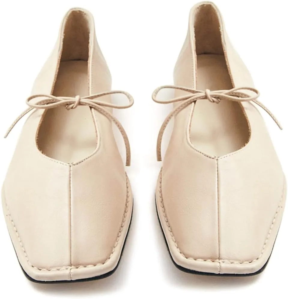 Ballet Flats Shoes for Women Mary Jane Flats Breathable Leather Square Toe Lace-Up Loafers Comfortable Slip-On Summer Shoes