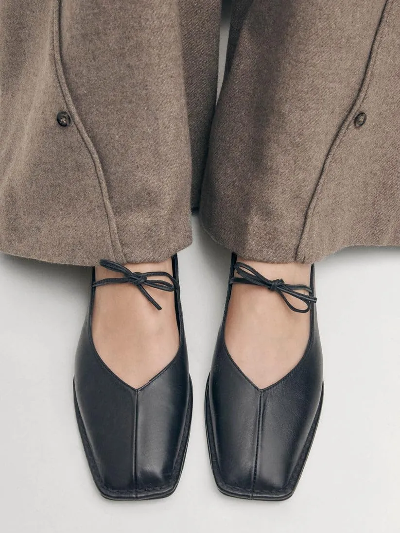 Ballet Flats Shoes for Women Mary Jane Flats Breathable Leather Square Toe Lace-Up Loafers Comfortable Slip-On Summer Shoes