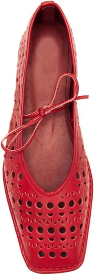 Ballet Flats Shoes for Women Mary Jane Flats Breathable Leather Square Toe Lace-Up Loafers Comfortable Slip-On Summer Shoes