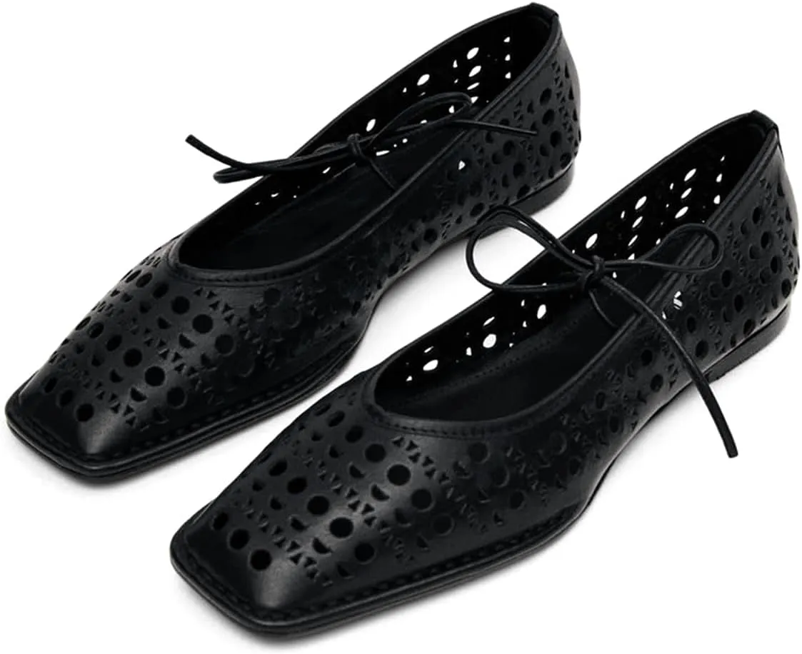 Ballet Flats Shoes for Women Mary Jane Flats Breathable Leather Square Toe Lace-Up Loafers Comfortable Slip-On Summer Shoes