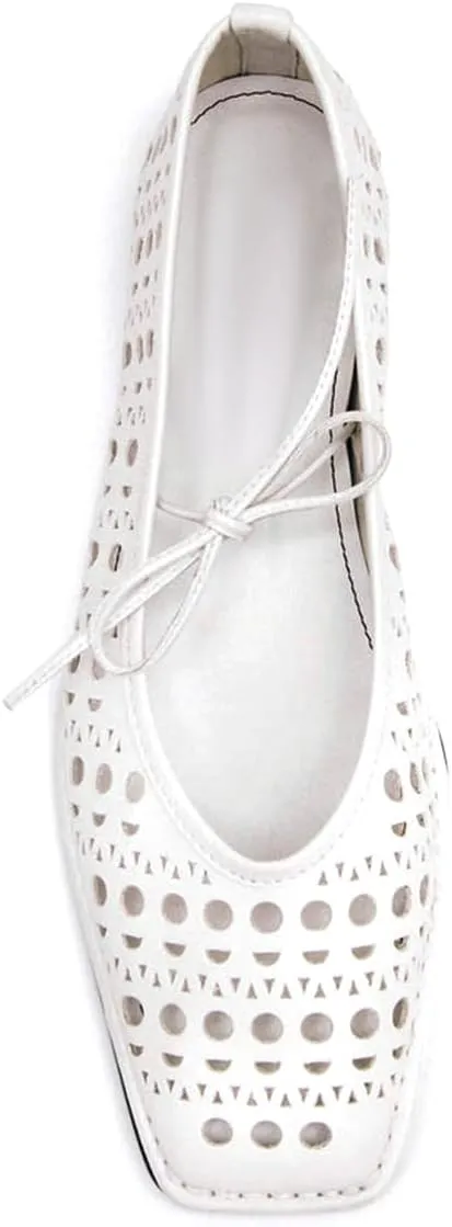 Ballet Flats Shoes for Women Mary Jane Flats Breathable Leather Square Toe Lace-Up Loafers Comfortable Slip-On Summer Shoes