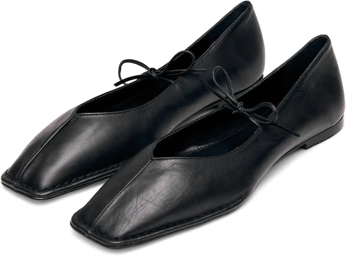 Ballet Flats Shoes for Women Mary Jane Flats Breathable Leather Square Toe Lace-Up Loafers Comfortable Slip-On Summer Shoes