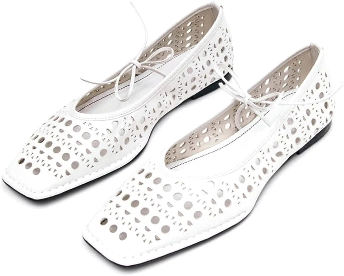 Ballet Flats Shoes for Women Mary Jane Flats Breathable Leather Square Toe Lace-Up Loafers Comfortable Slip-On Summer Shoes