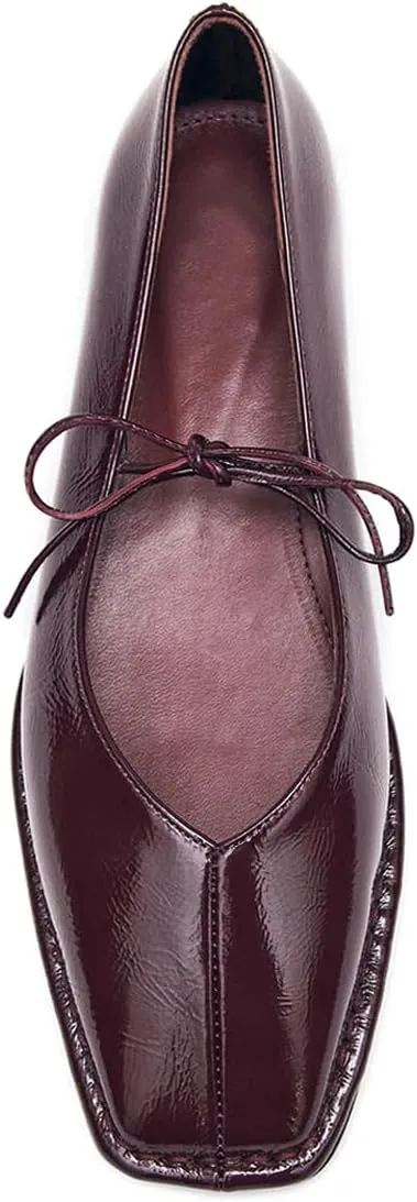 Ballet Flats Shoes for Women Mary Jane Flats Breathable Leather Square Toe Lace-Up Loafers Comfortable Slip-On Summer Shoes