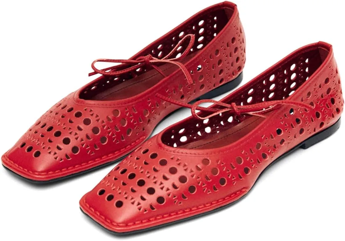 Ballet Flats Shoes for Women Mary Jane Flats Breathable Leather Square Toe Lace-Up Loafers Comfortable Slip-On Summer Shoes