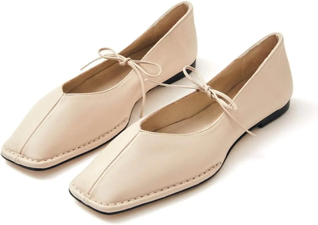 Ballet Flats Shoes for Women Mary Jane Flats Breathable Leather Square Toe Lace-Up Loafers Comfortable Slip-On Summer Shoes