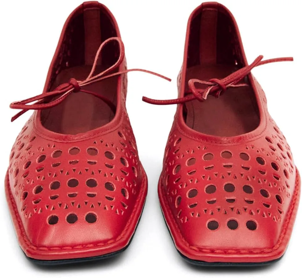 Ballet Flats Shoes for Women Mary Jane Flats Breathable Leather Square Toe Lace-Up Loafers Comfortable Slip-On Summer Shoes